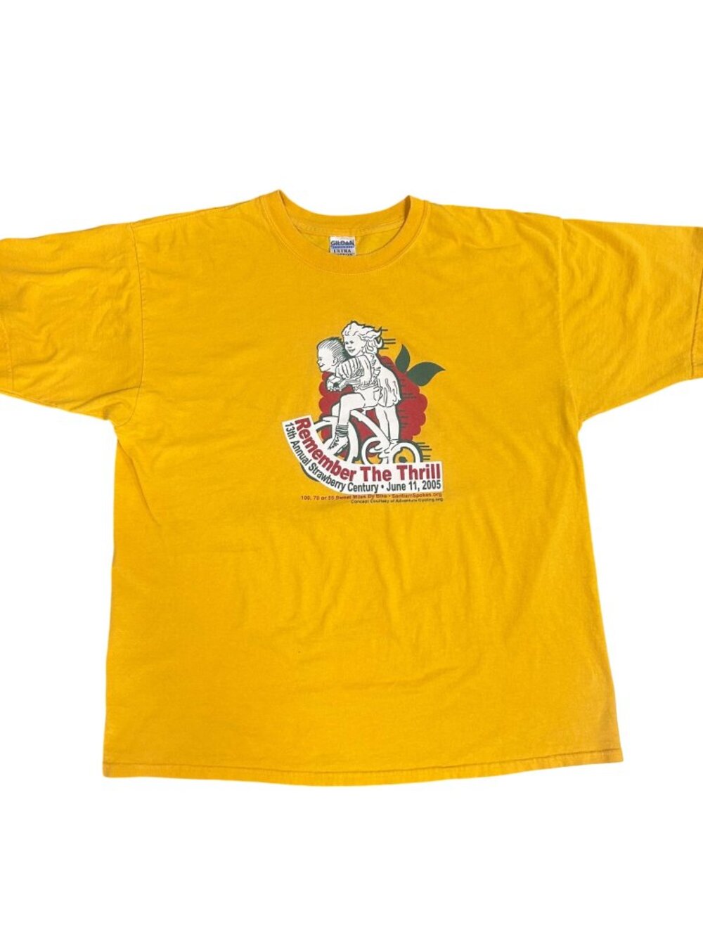 Vintage Yellow Gildan TShirt XL "Remember The Thrill" Cycling Event Graphic GUC